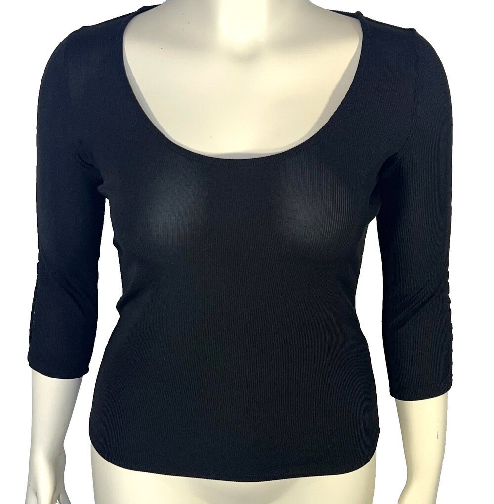 Guess Sweater Womens M Black Lattice Sleeve Accent Scoop Neck Ribbed